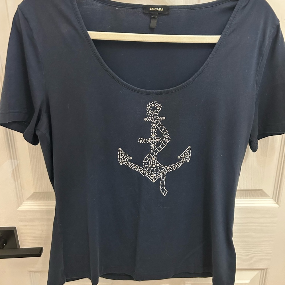 Escada Navy Short-Sleeve Scoop Neck Top with Crystal Anchor Motif